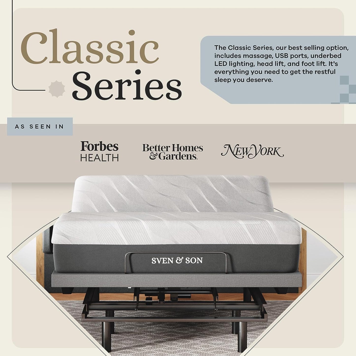 Sven & Son Queen Adjustable Bed Base Frame + 14” Luxury Cool Gel Memory Foam Hybrid Mattress, Head up Foot Up, USB Ports, Zero Gravity, Interactive Dual Massage, Wireless, Classic (Queen)