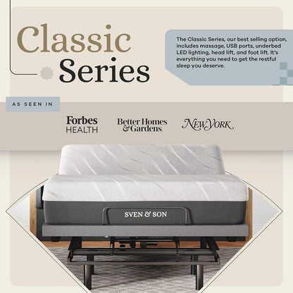 Sven & Son Queen Adjustable Bed Base Frame + 14” Luxury Cool Gel Memory Foam Hybrid Mattress, Head up Foot Up, USB Ports, Zero Gravity, Interactive Dual Massage, Wireless, Classic (Queen)