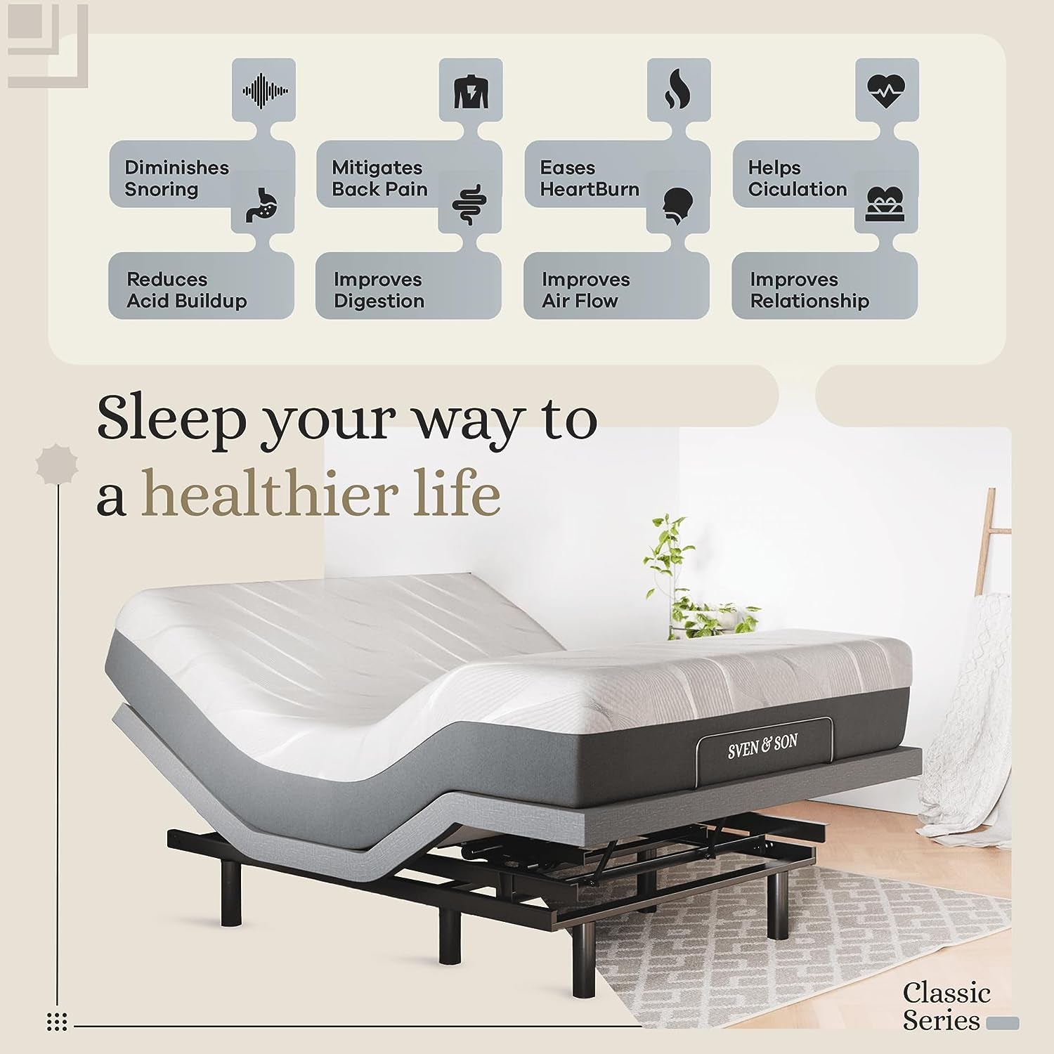 Sven & Son Queen Adjustable Bed Base Frame + 14” Luxury Cool Gel Memory Foam Hybrid Mattress, Head up Foot Up, USB Ports, Zero Gravity, Interactive Dual Massage, Wireless, Classic (Queen)