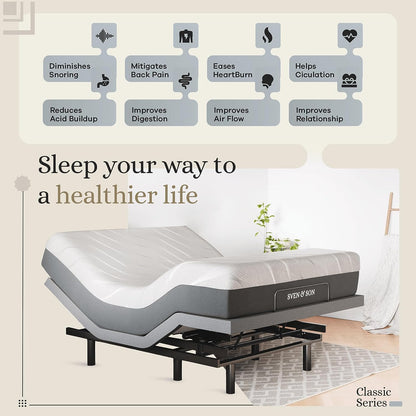 Sven & Son Queen Adjustable Bed Base Frame + 14” Luxury Cool Gel Memory Foam Hybrid Mattress, Head up Foot Up, USB Ports, Zero Gravity, Interactive Dual Massage, Wireless, Classic (Queen)